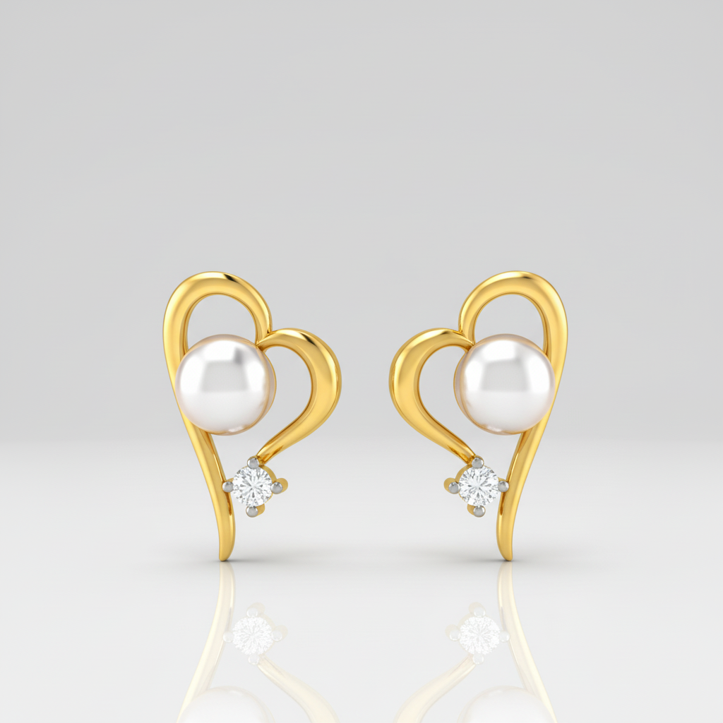 Pearl & Diamond Heart Stud Earrings