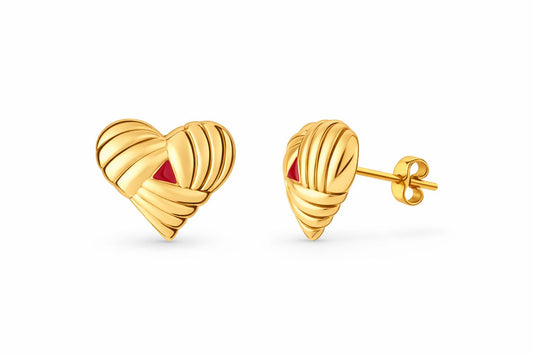 Textured Heart Gold Stud Earrings with Red Accent