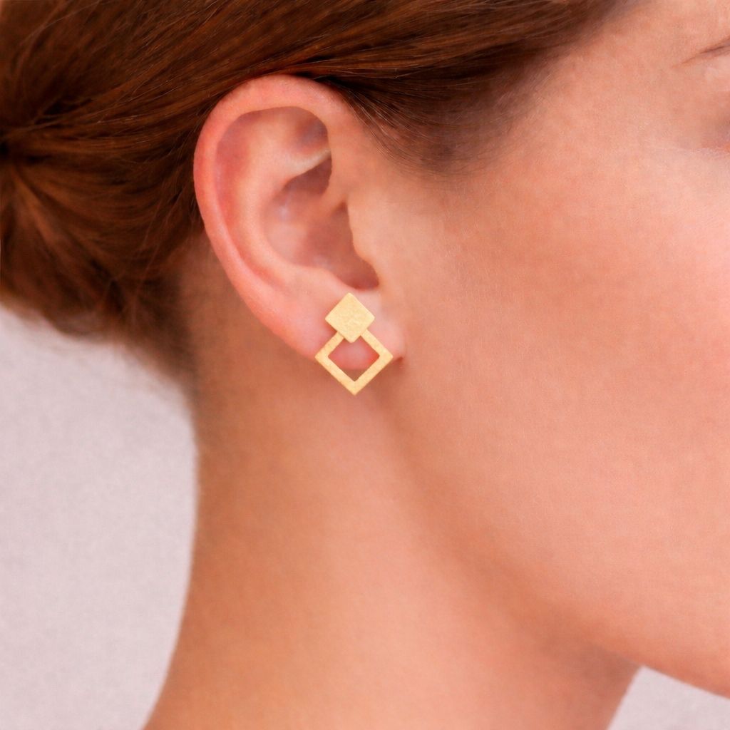 Geometric Double Square Gold Stud Earrings