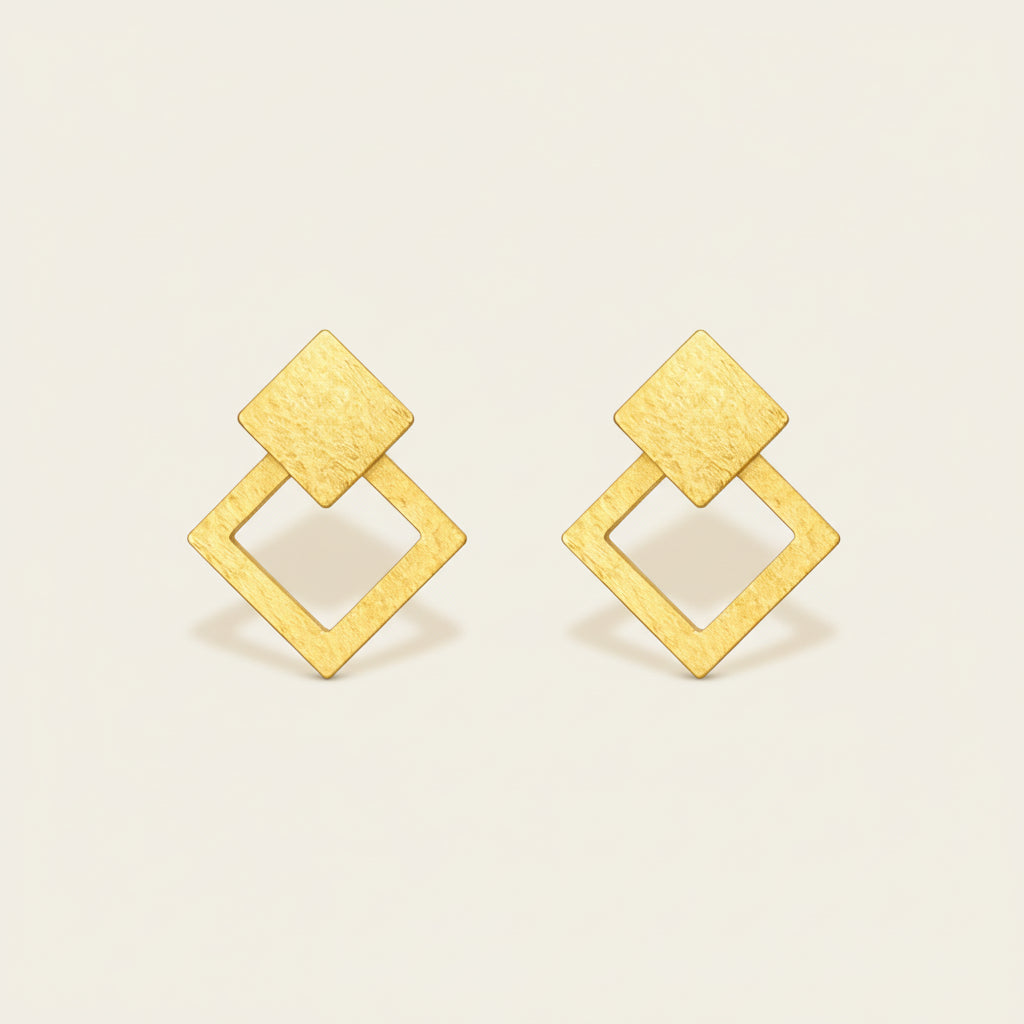 Geometric Double Square Gold Stud Earrings