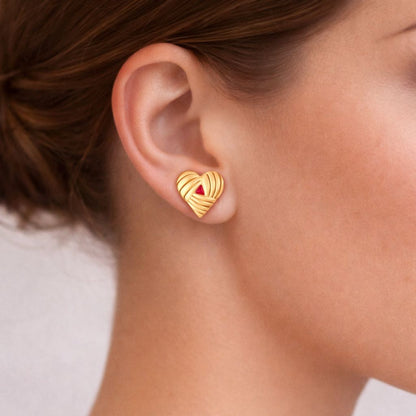 Textured Heart Gold Stud Earrings with Red Accent