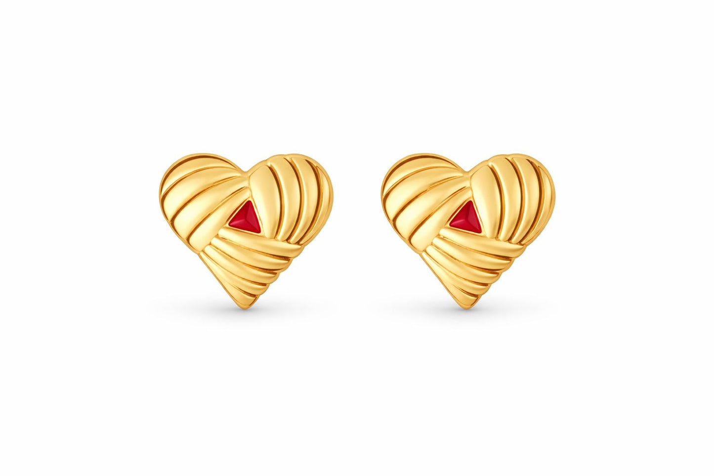 Textured Heart Gold Stud Earrings with Red Accent